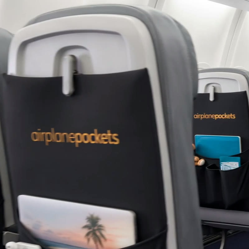 Airplane Pockets seatback organizers on an airliner, from the commercial Grow produced